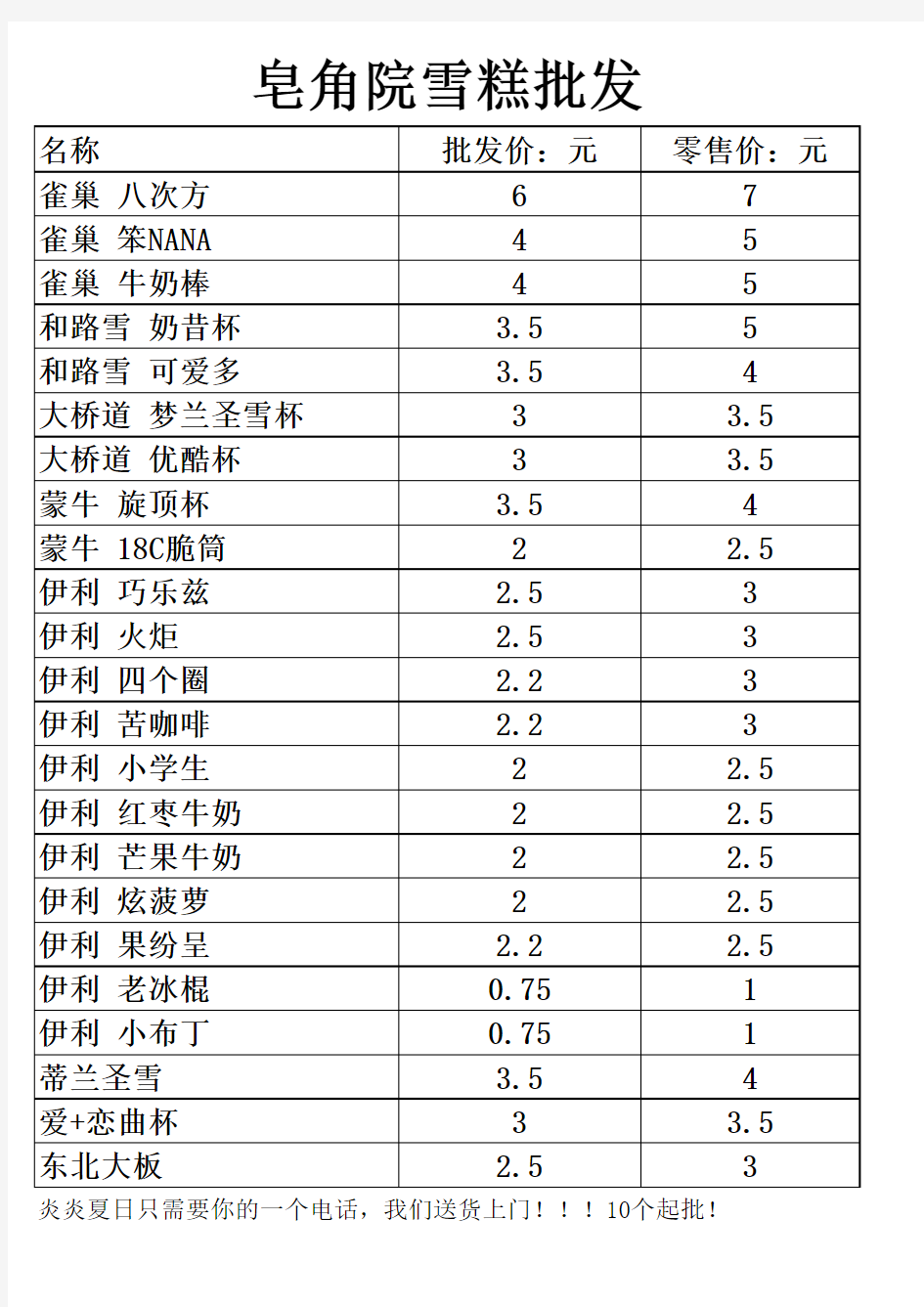 雪糕批发价格表