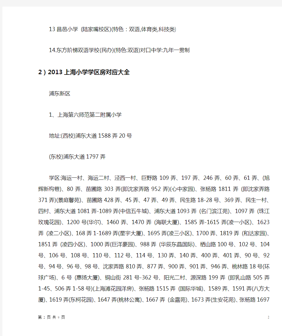 2013年最新上海市浦东重点小学及初中排名及学区房规划