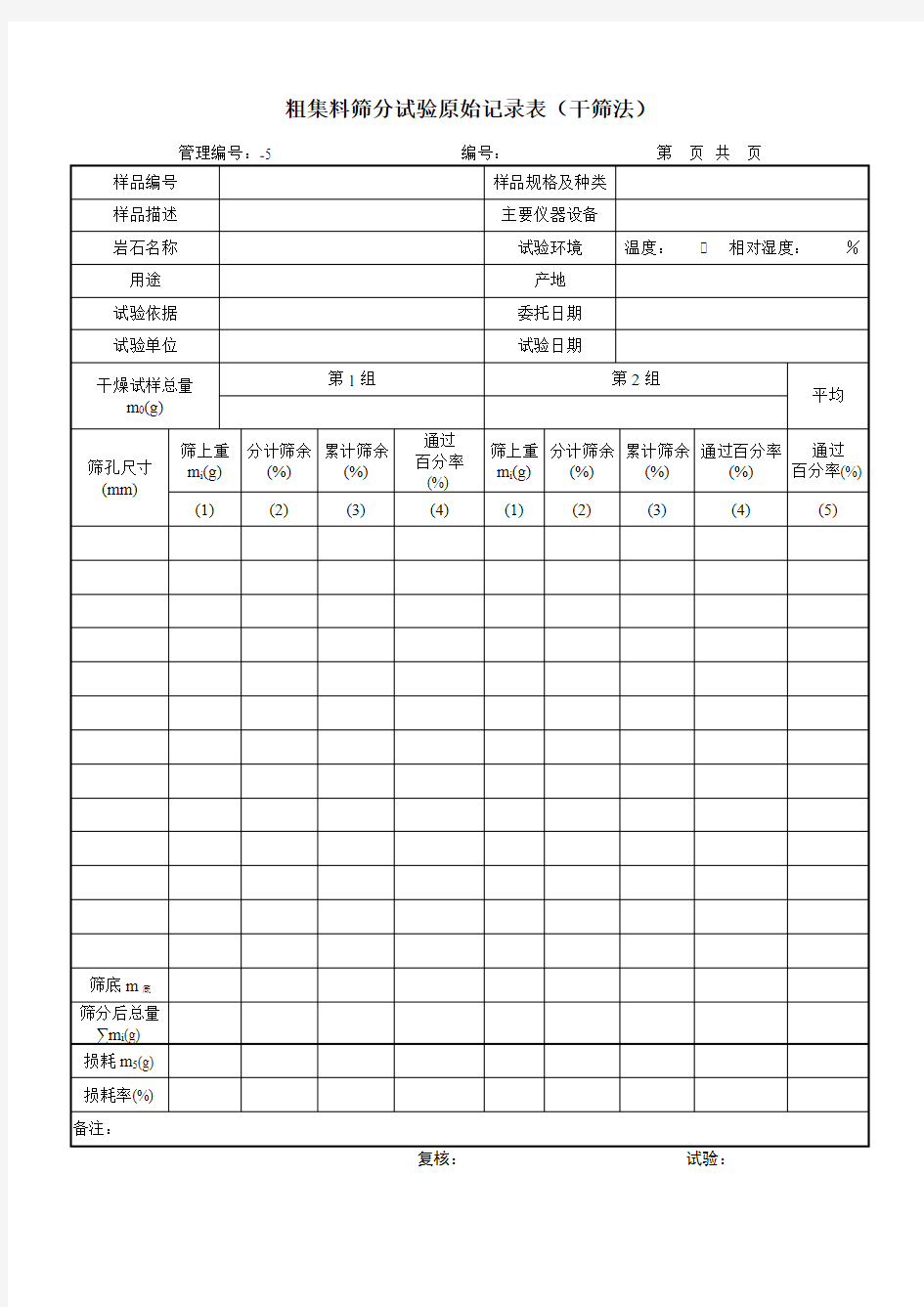 粗集料筛分试验原始记录表(干筛法)