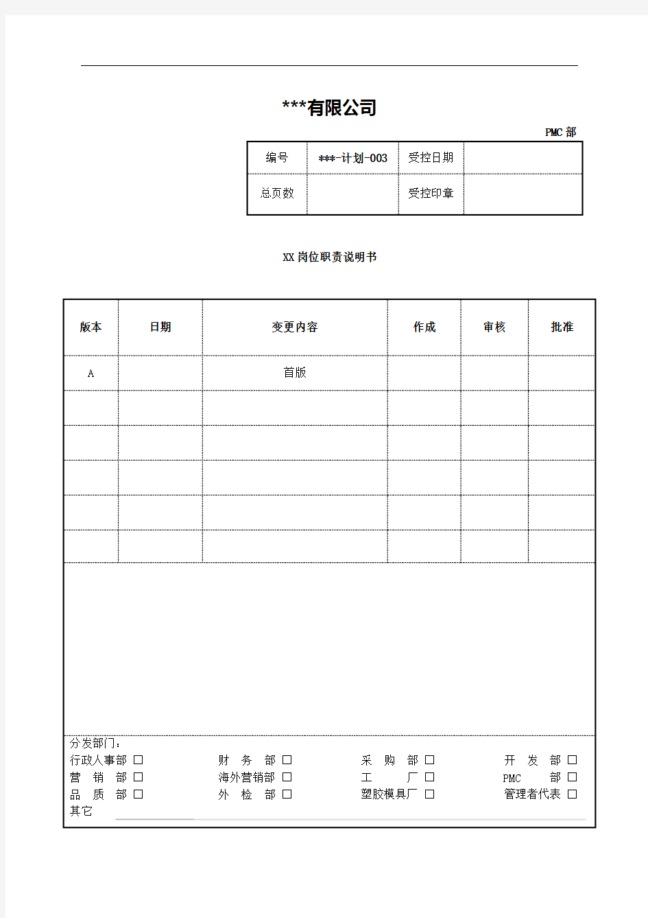 PMC经理岗位职责说明书