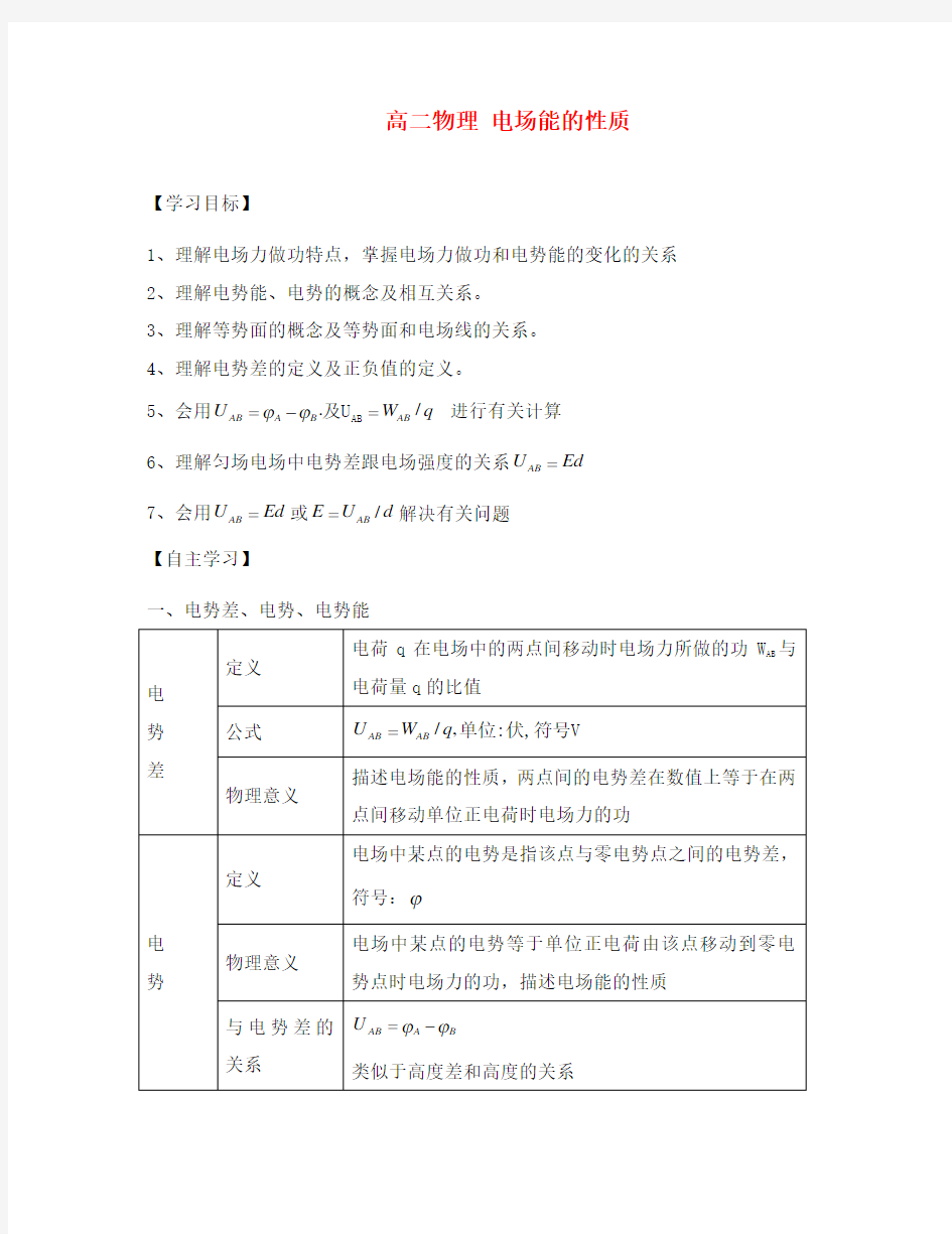 高二物理 电场能的性质