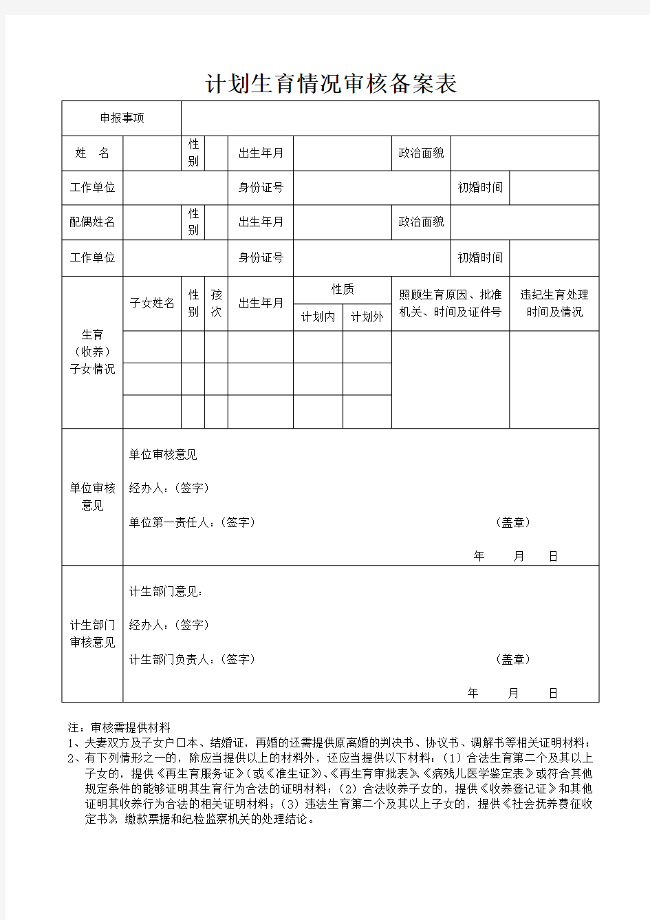 计划生育情况审核备案表