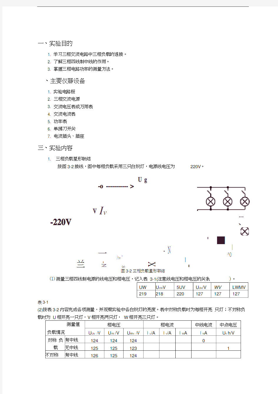 电工电子学实验报告_实验三_三相交流电路