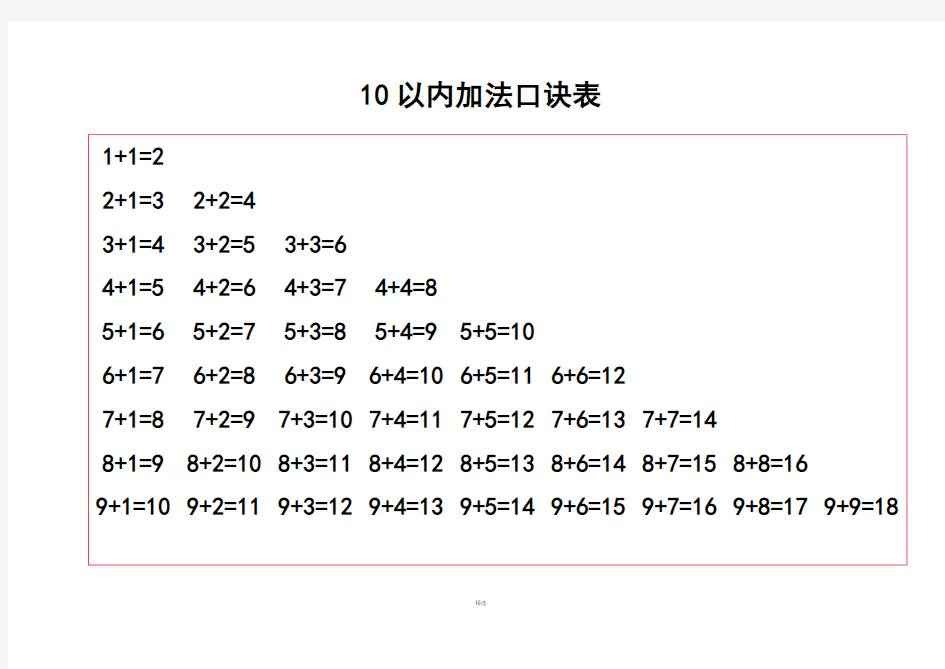 一年级上-数学-20以内的加减法口诀表