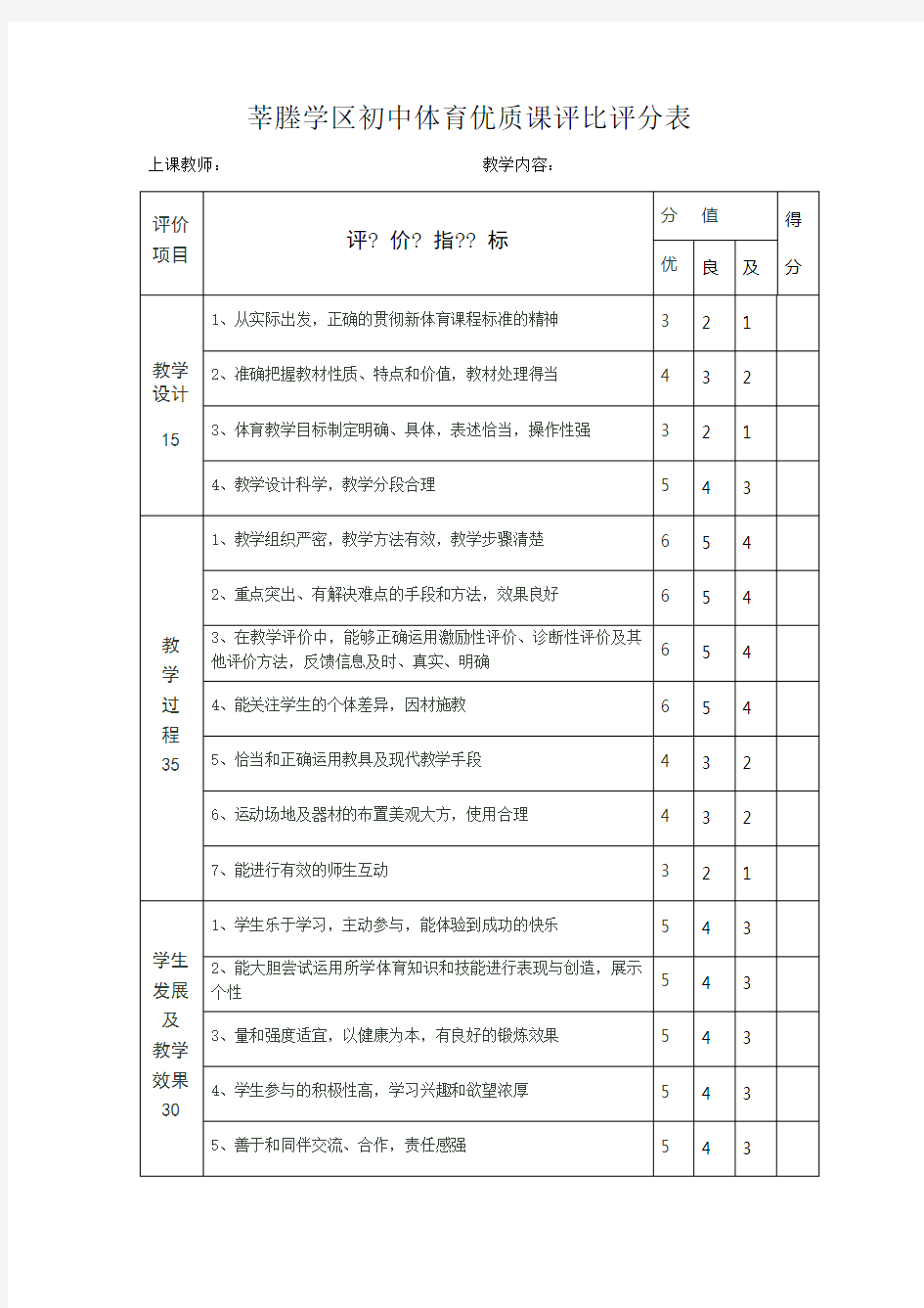 初中体育优质课评比评分表