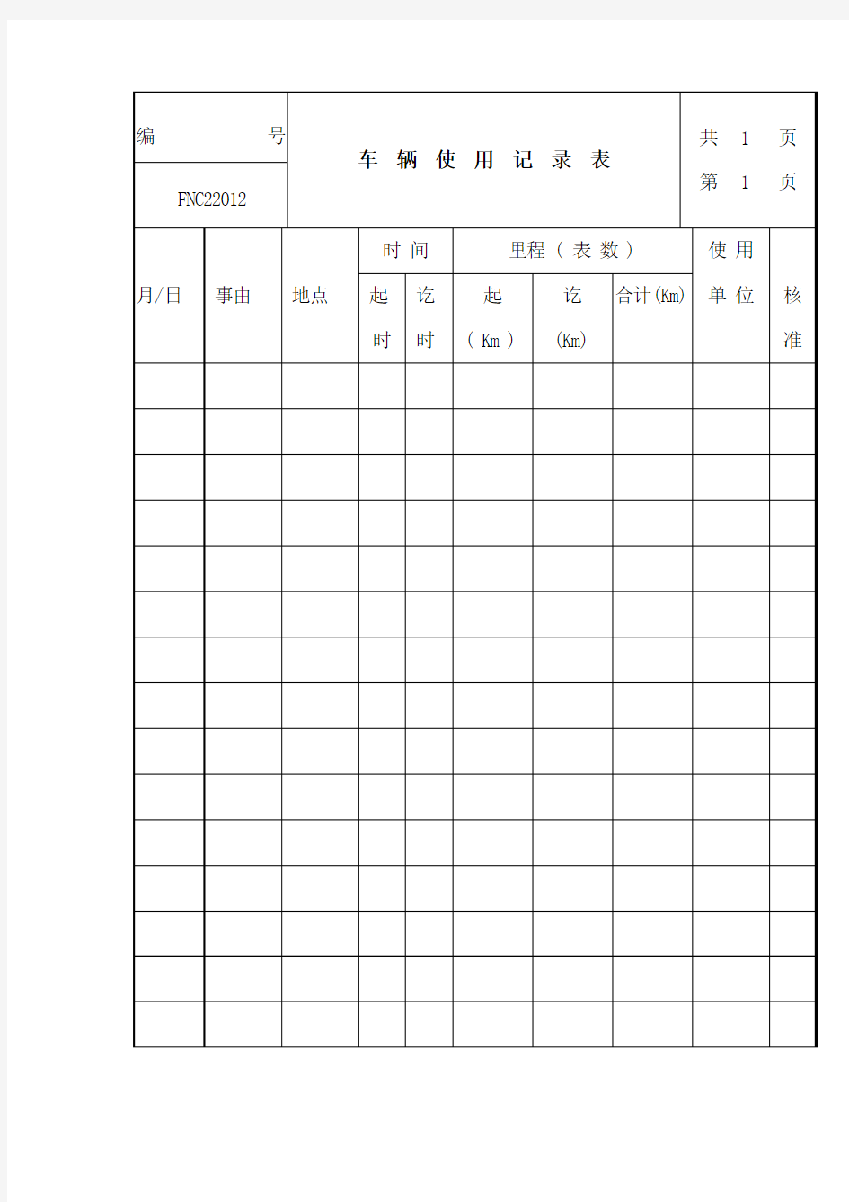 车辆使用记录表 表格模板 格式 