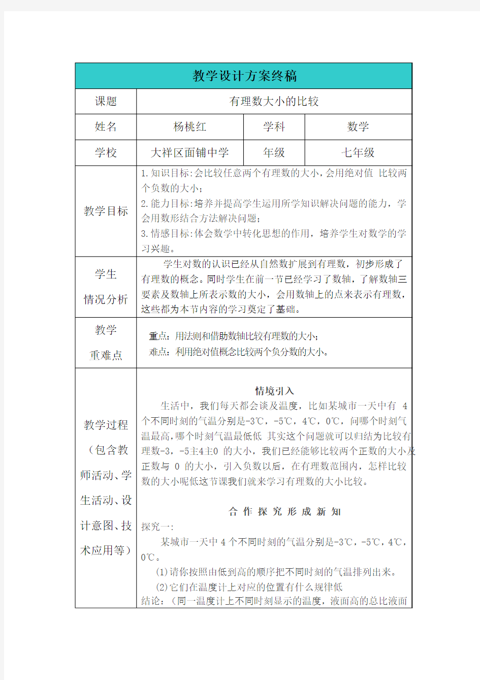 三备两磨校本研修与岗位实践作业-杨桃红-有理数大小的比较