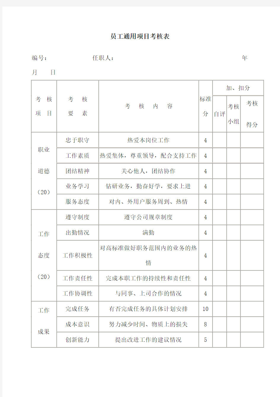 员工通用项目考核表