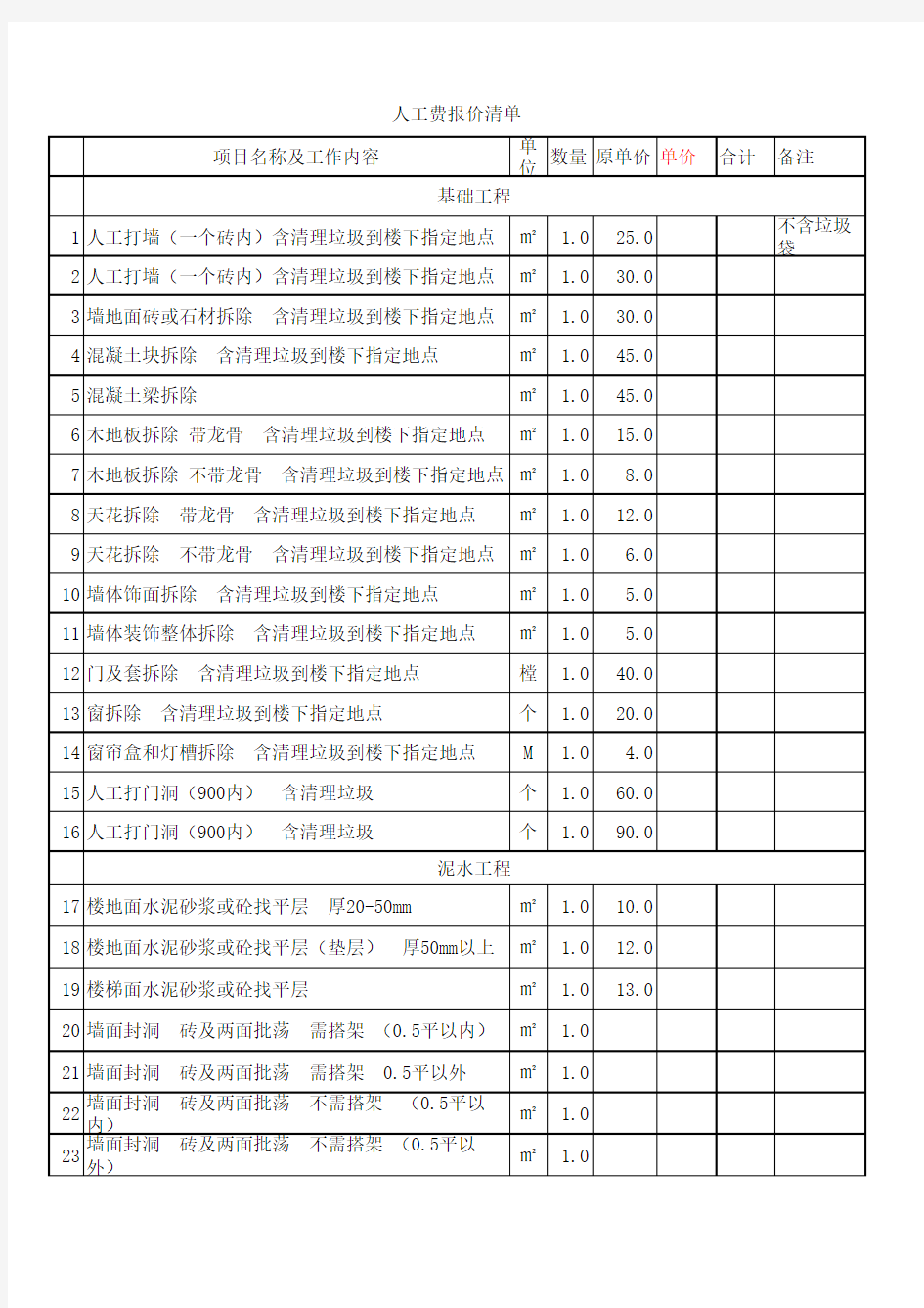 装修人工费报价清单