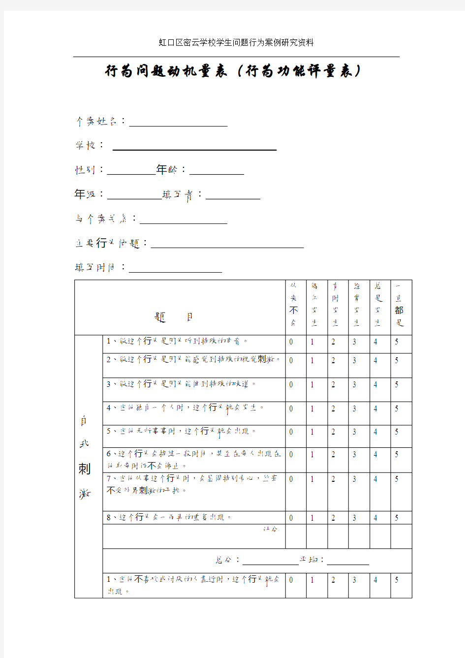 行为问题动机量表行为功能评量表-虹口密云学校