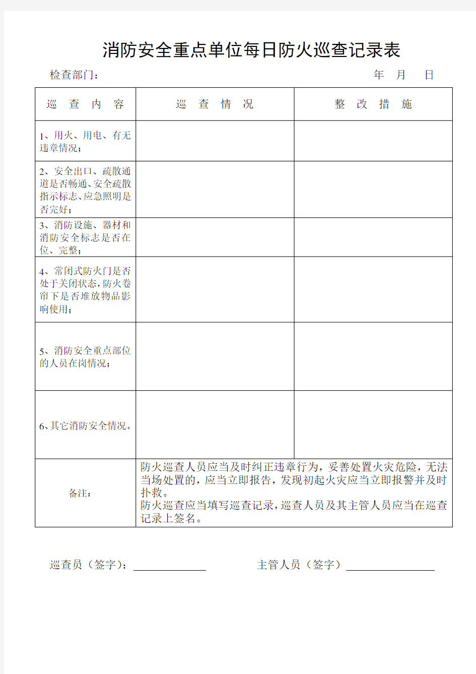 消防安全重点单位每日防火巡查记录表