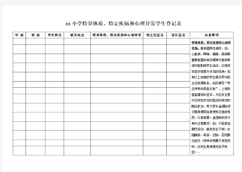 学生特异体质排查登记表