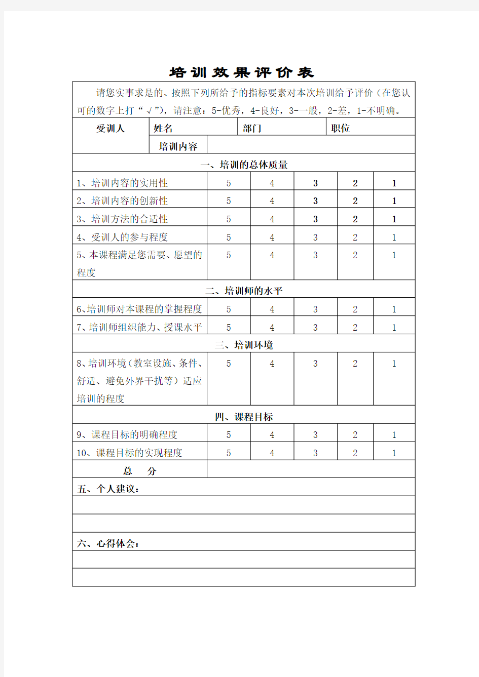 公司培训效果评价表