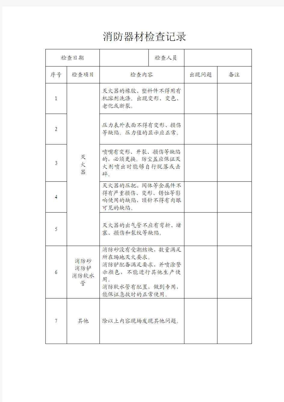 消防器材检查记录表格