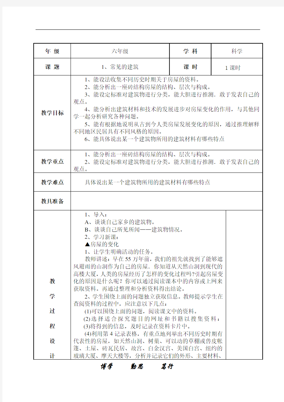 冀教版六年级科学下册教案全