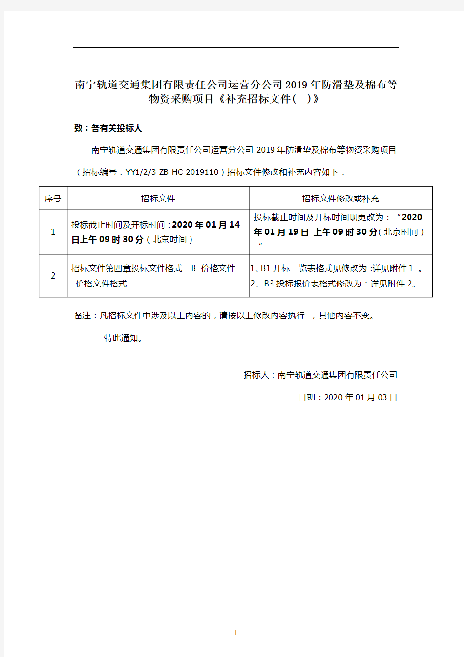 南宁轨道交通集团有限责任公司运营分公司2019年防滑垫及棉