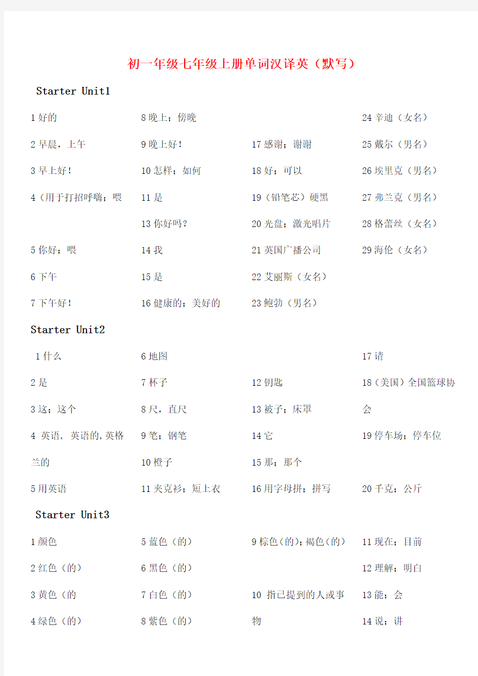 2017人教版七年级上册英语单词(汉语版默写英语单词)