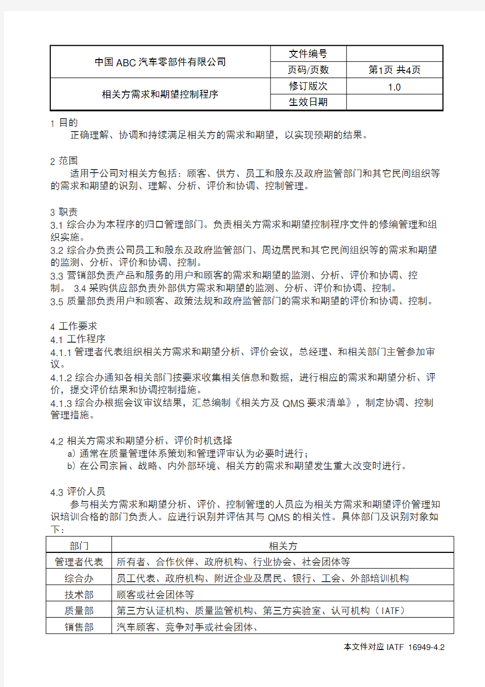 IATF16949相关方需求和期望控制程序