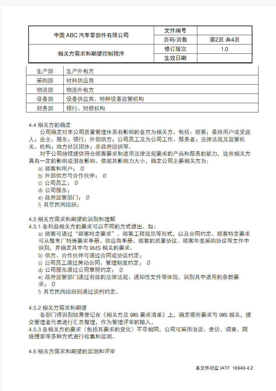 IATF16949相关方需求和期望控制程序