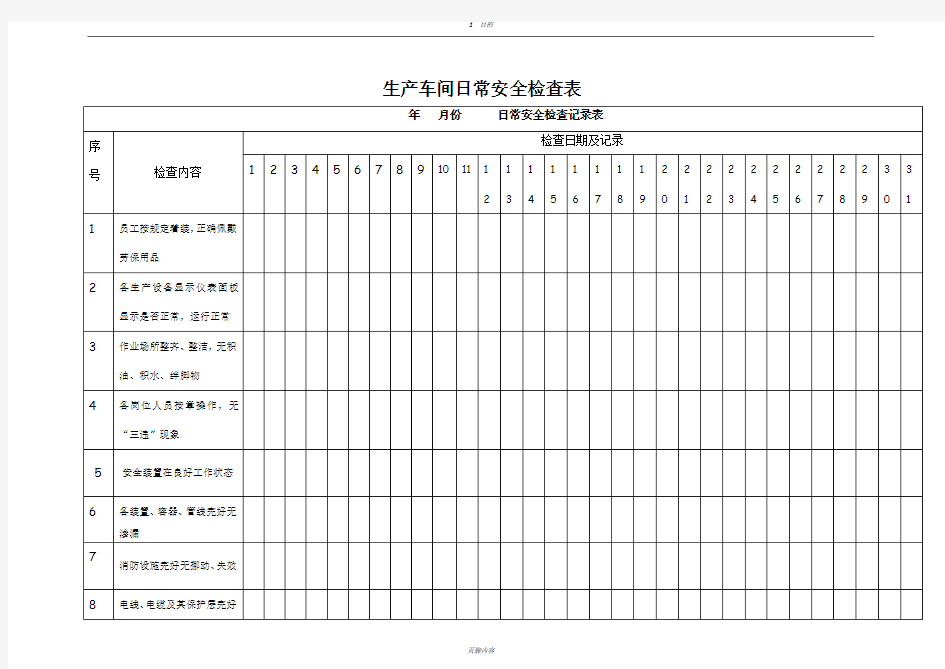 生产车间日常安全检查表