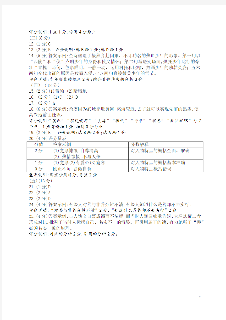2018年上海春考语文答案要点及评分标准