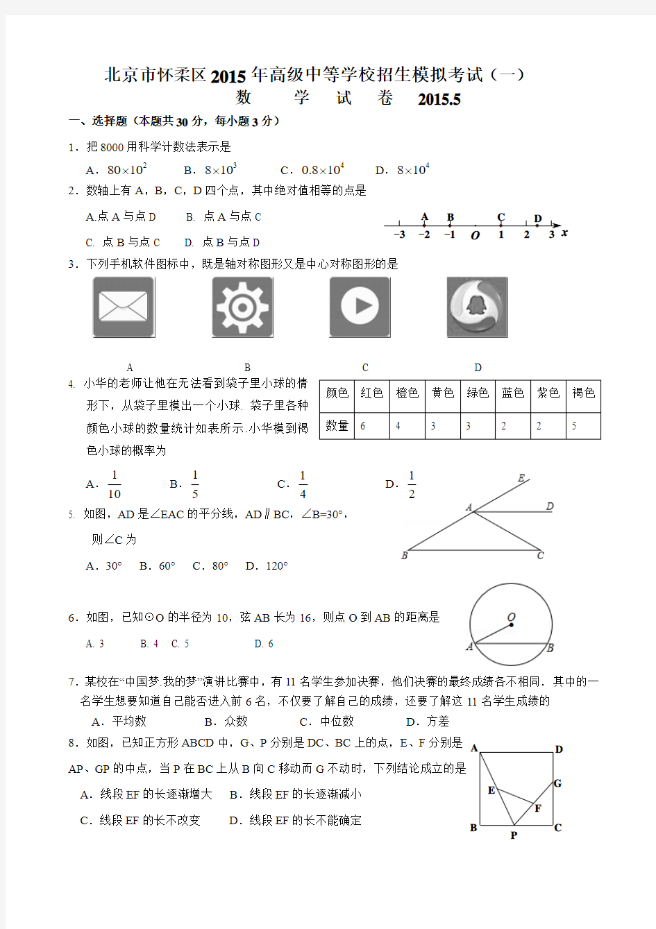 怀柔区2015数学一模试题及答案