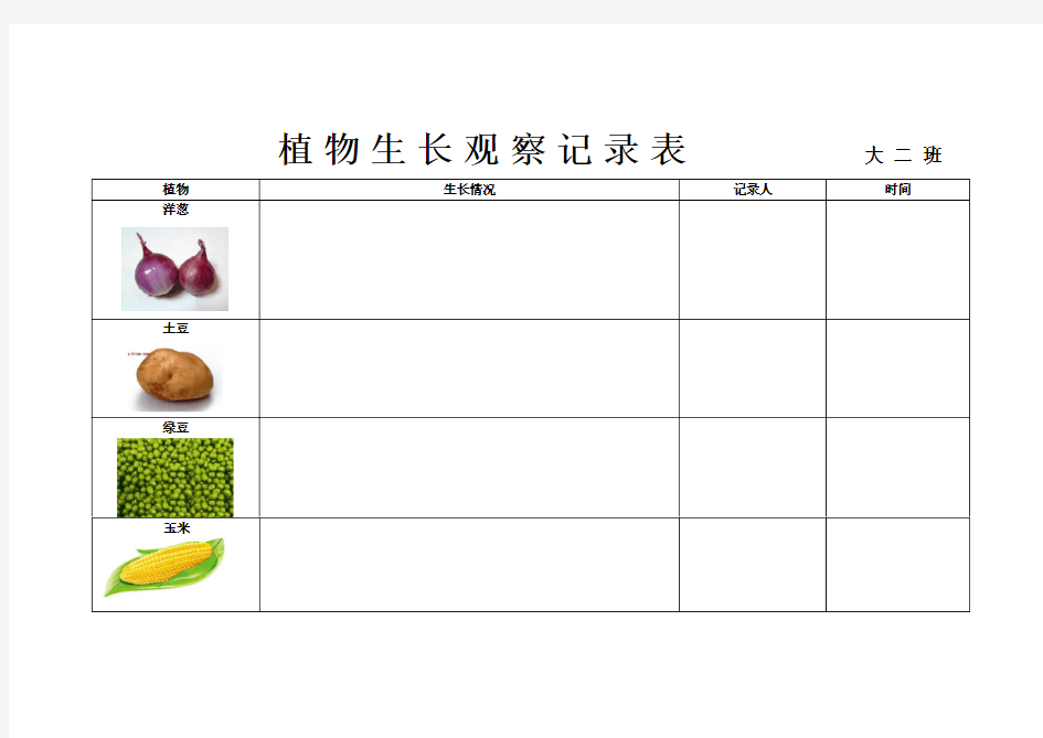 植物生长观察记录表      大二班