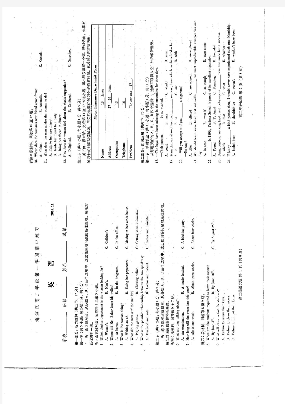 北京市海淀区2014-2015学年高二上学期期中练习英语试题 PDF版无答案