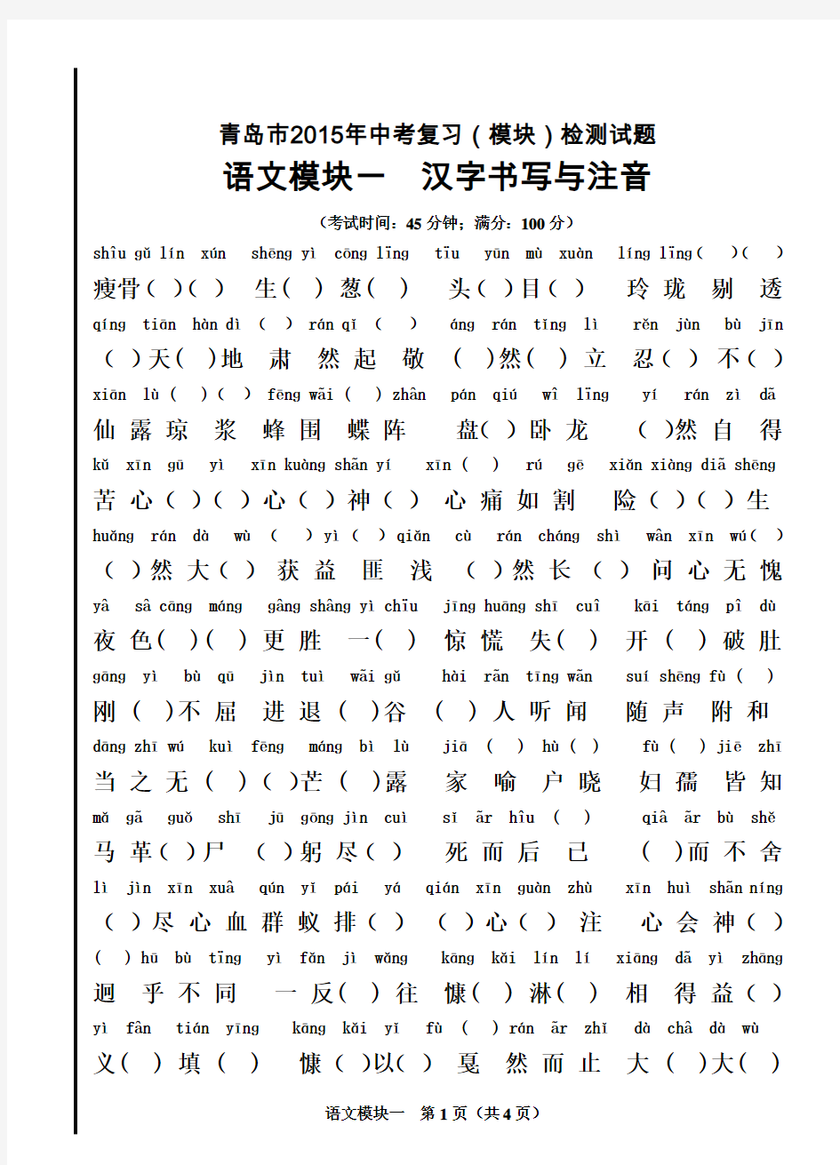 2015年中考语文模块1汉字书写与注音