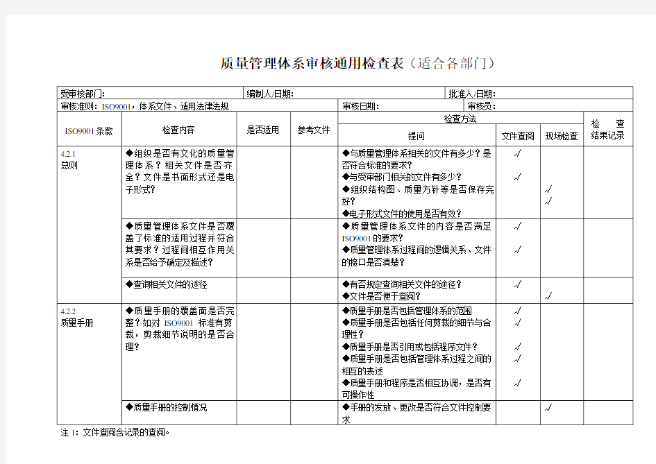 iso9001质量管理体系审核通用检查表(适合各部门)