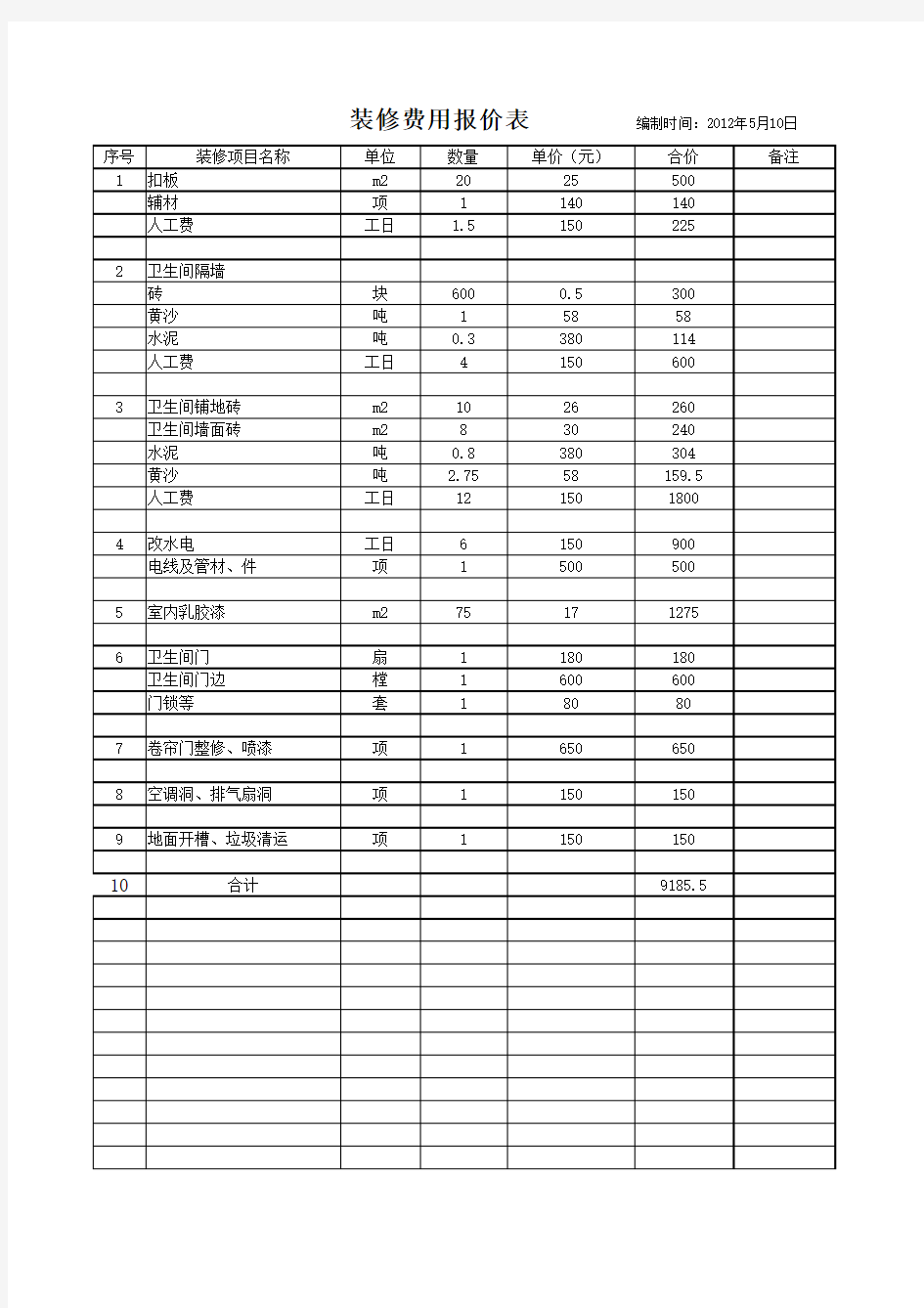 卫生间装修报价表