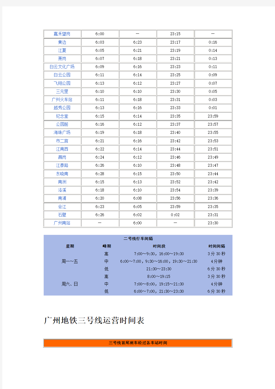 2014广州地铁线路运营时间表(含六号线)