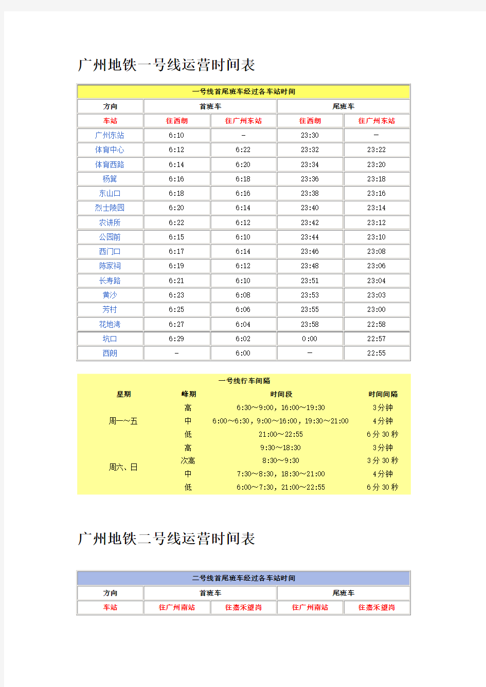 2014广州地铁线路运营时间表(含六号线)