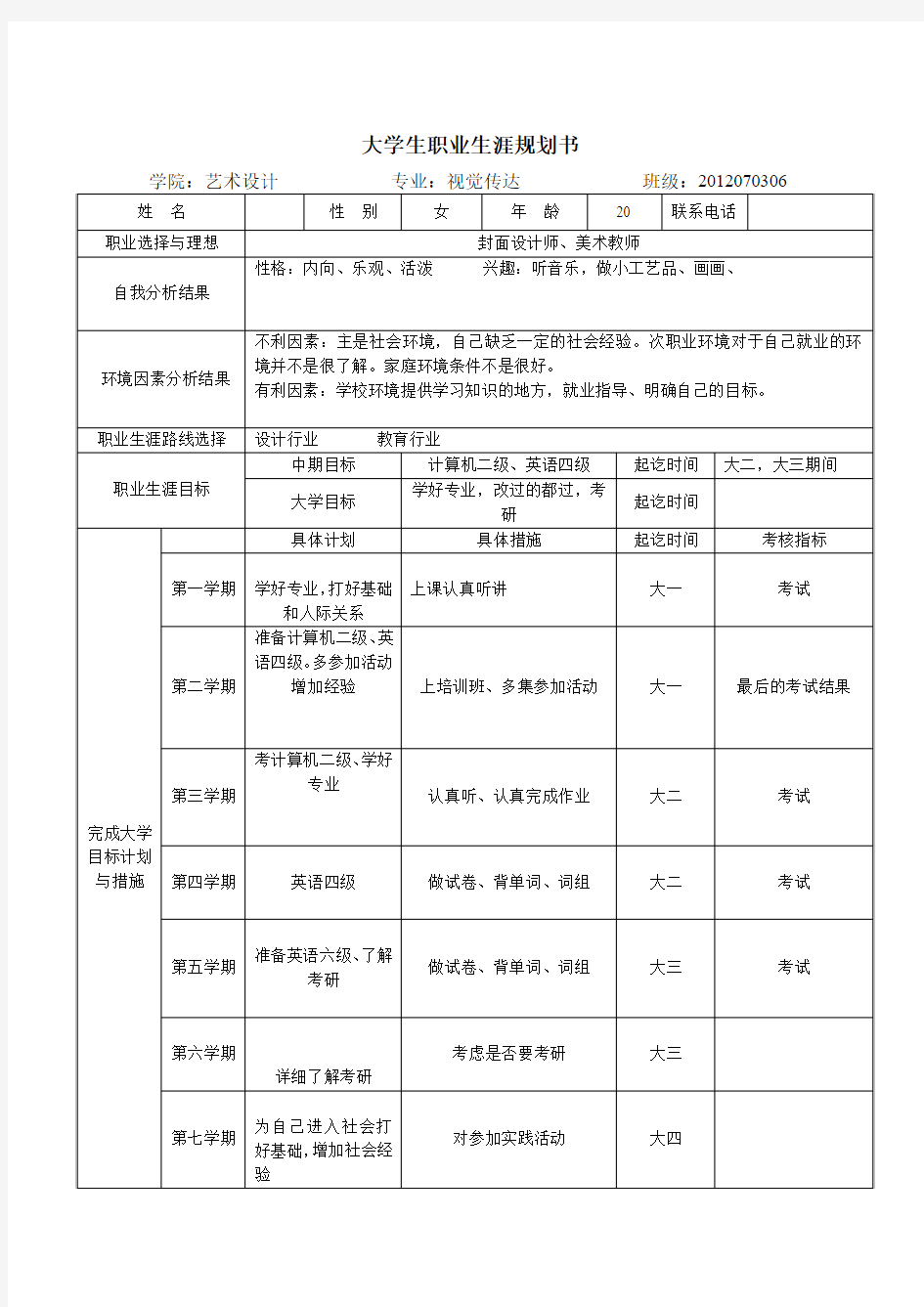 表格式职业生涯规划书