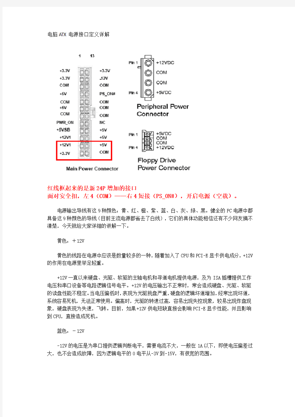 电脑ATX电源接口定义详解