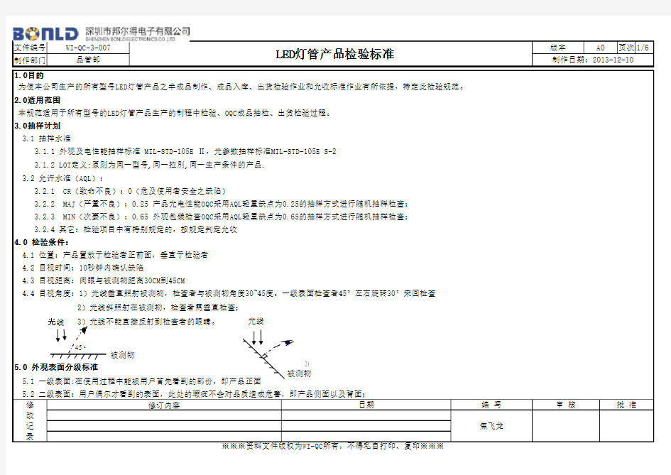 WI-QC-3-007 LED灯管产品检验标准(通用)