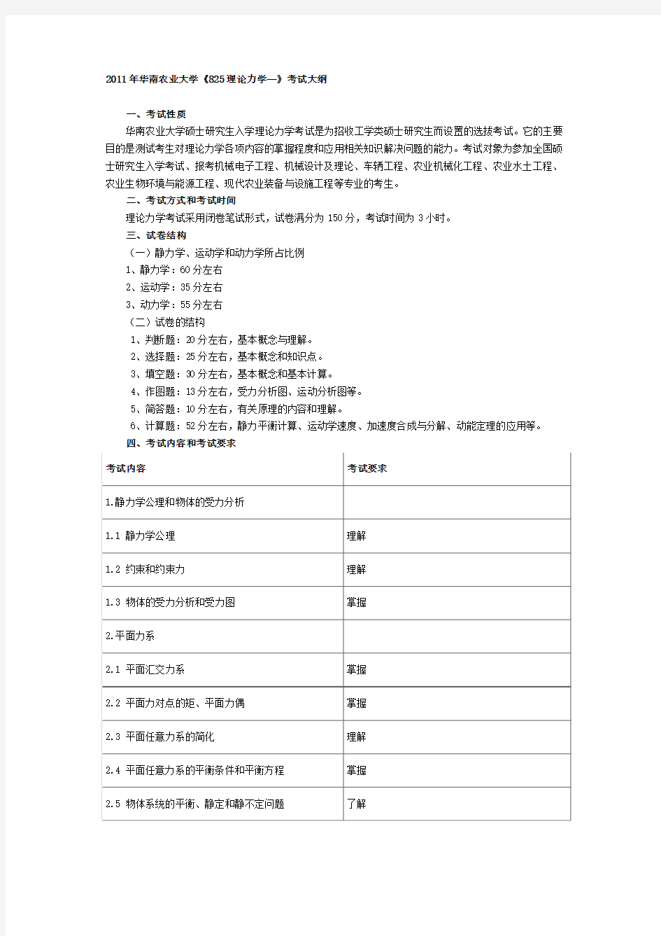 2011年华南农业大学l理论力学大纲