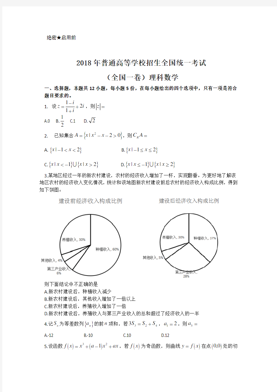 (完整版)2018高考全国1卷理科数学试卷及答案