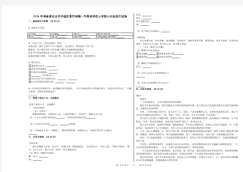 2019年湖南省长沙市开福区青竹湖湘一外国语学校小学部小升初语文试卷