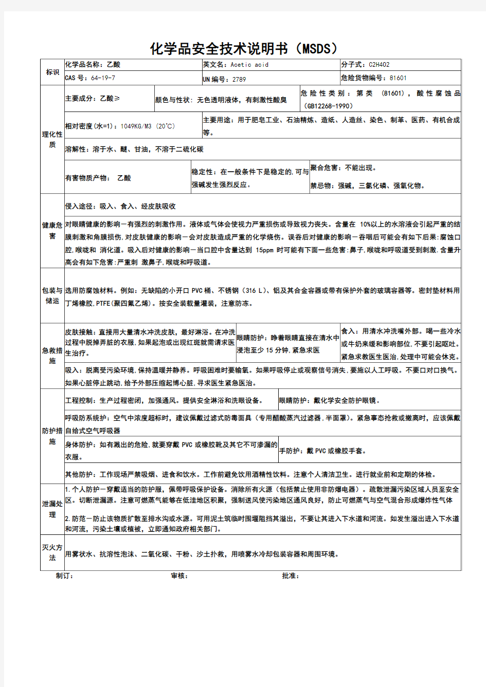 冰醋酸安全技术说明书