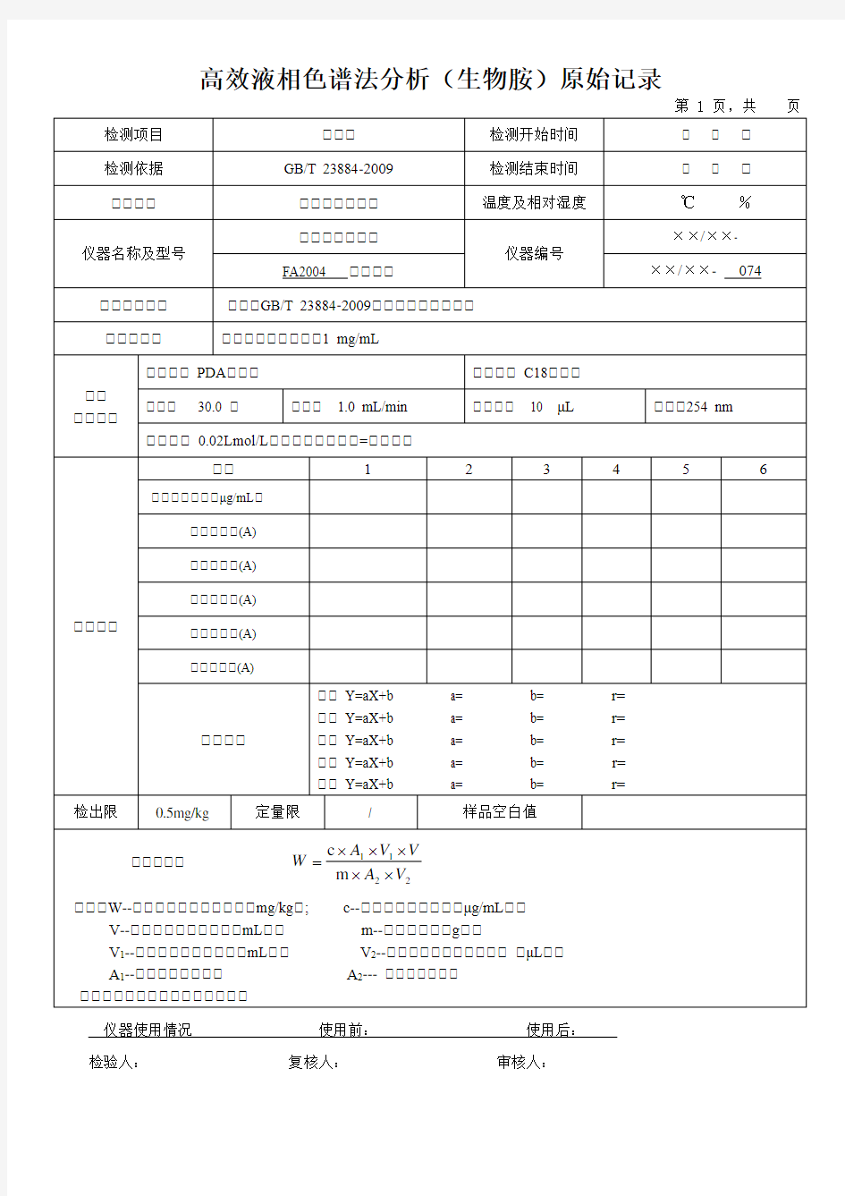 高效液相色谱法分析(生物胺)原始记录