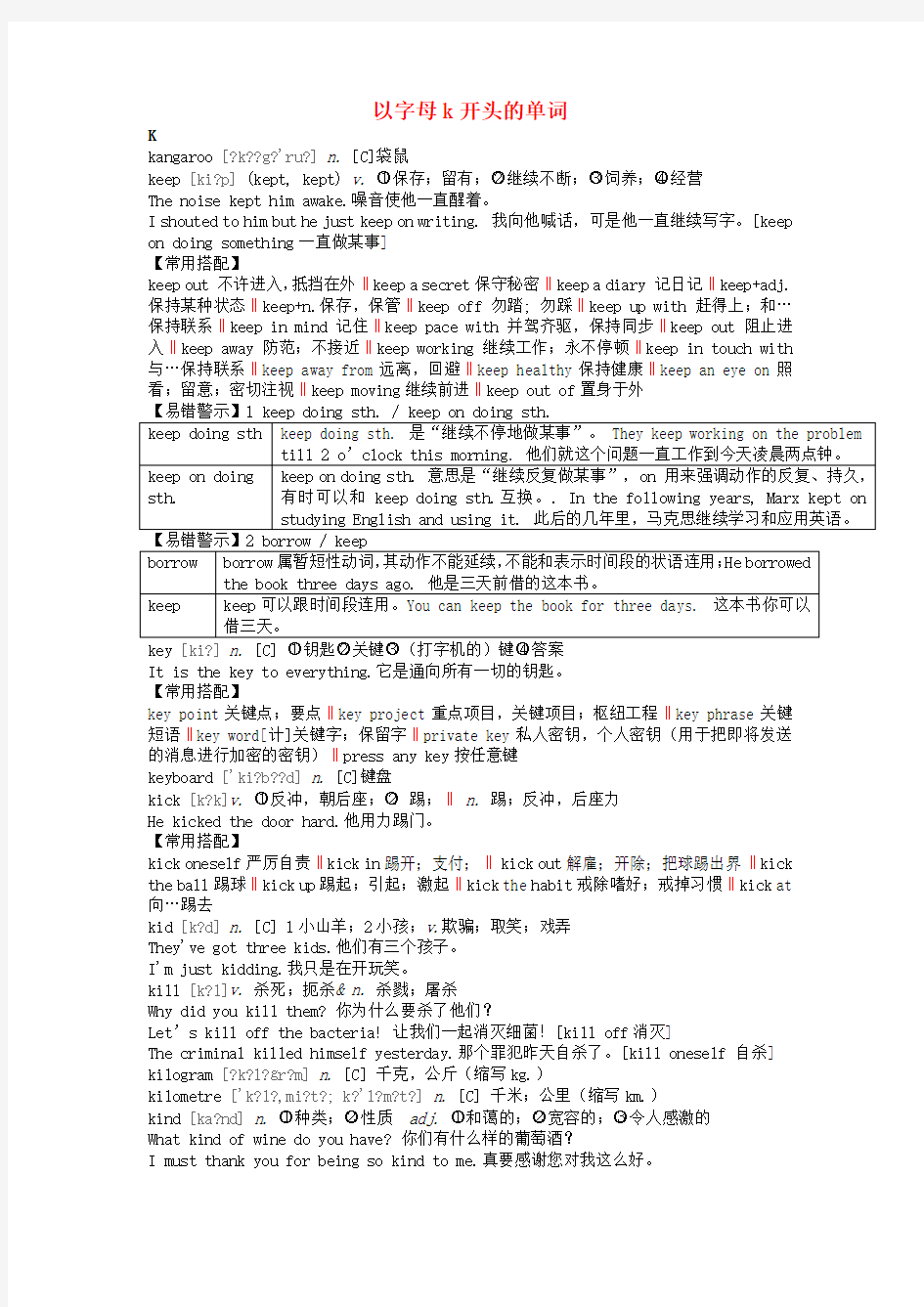 初中英语 基本词汇语法解析 以字母k开头的单词