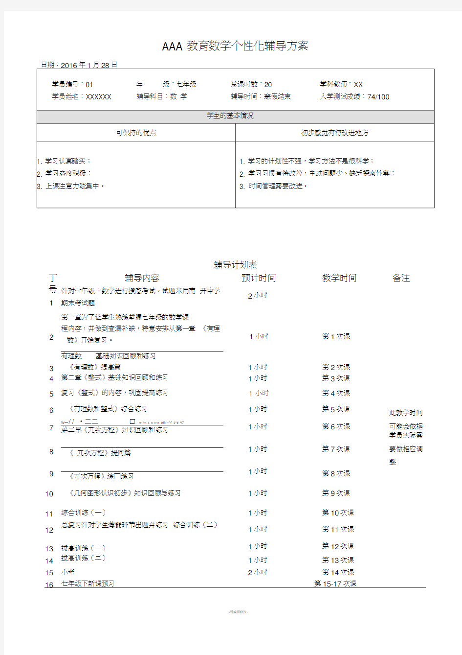 机构一对一个性化辅导方案(七年级数学)