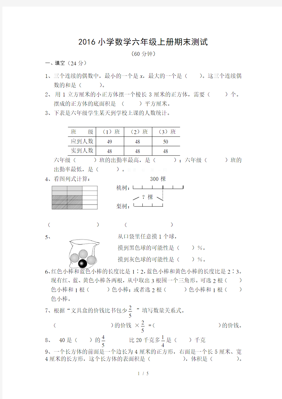 2015—2016年苏教版六年级数学期末考试试卷及答案