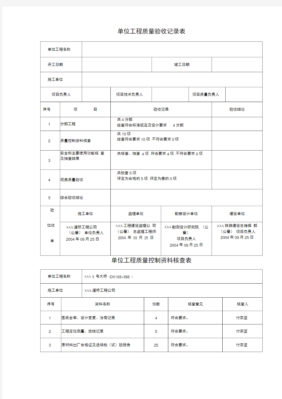 单位工程质量验收记录表