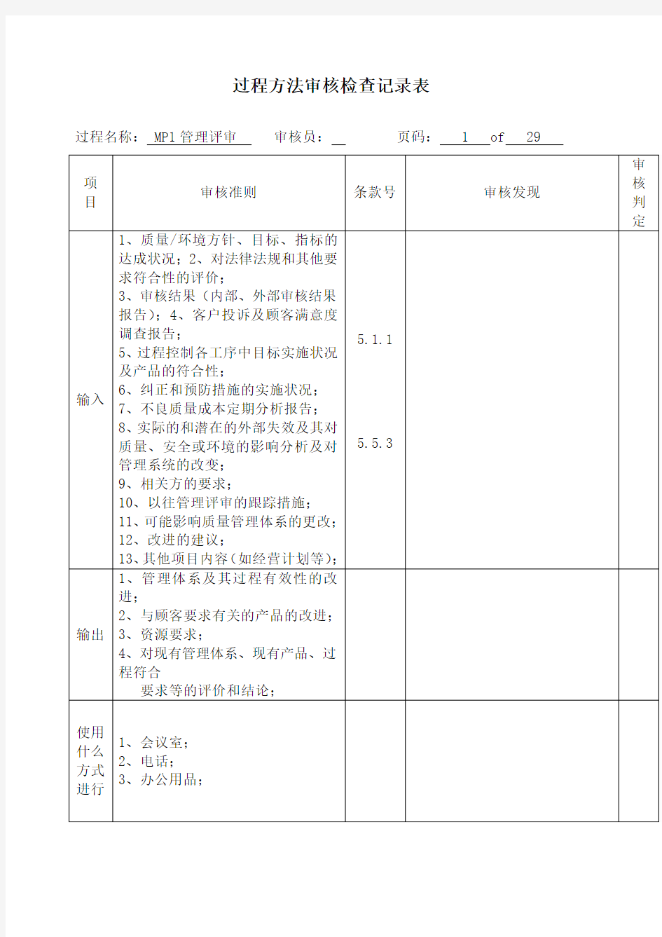 过程方法审核检查表