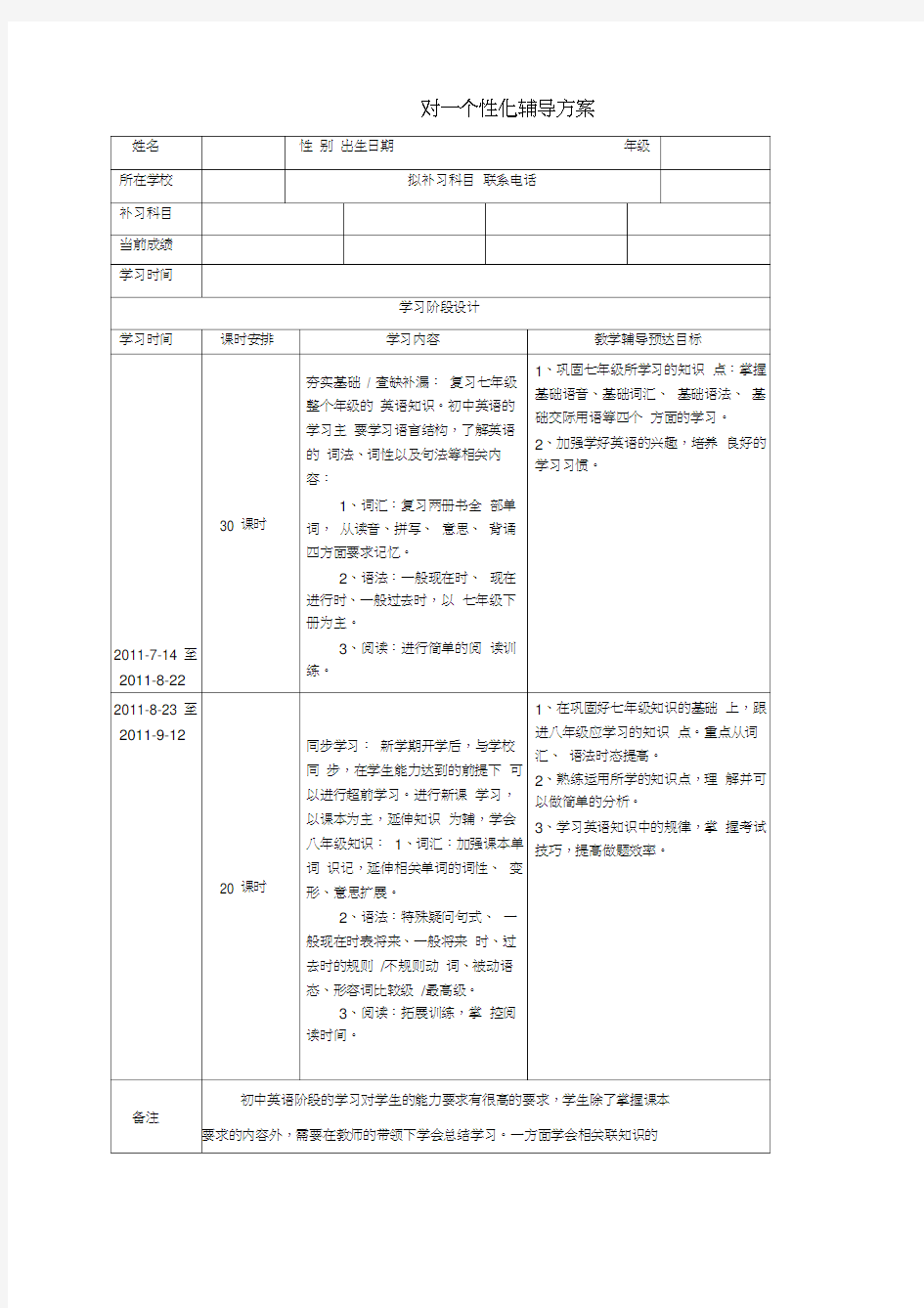 一对一个性化辅导方案模板集锦