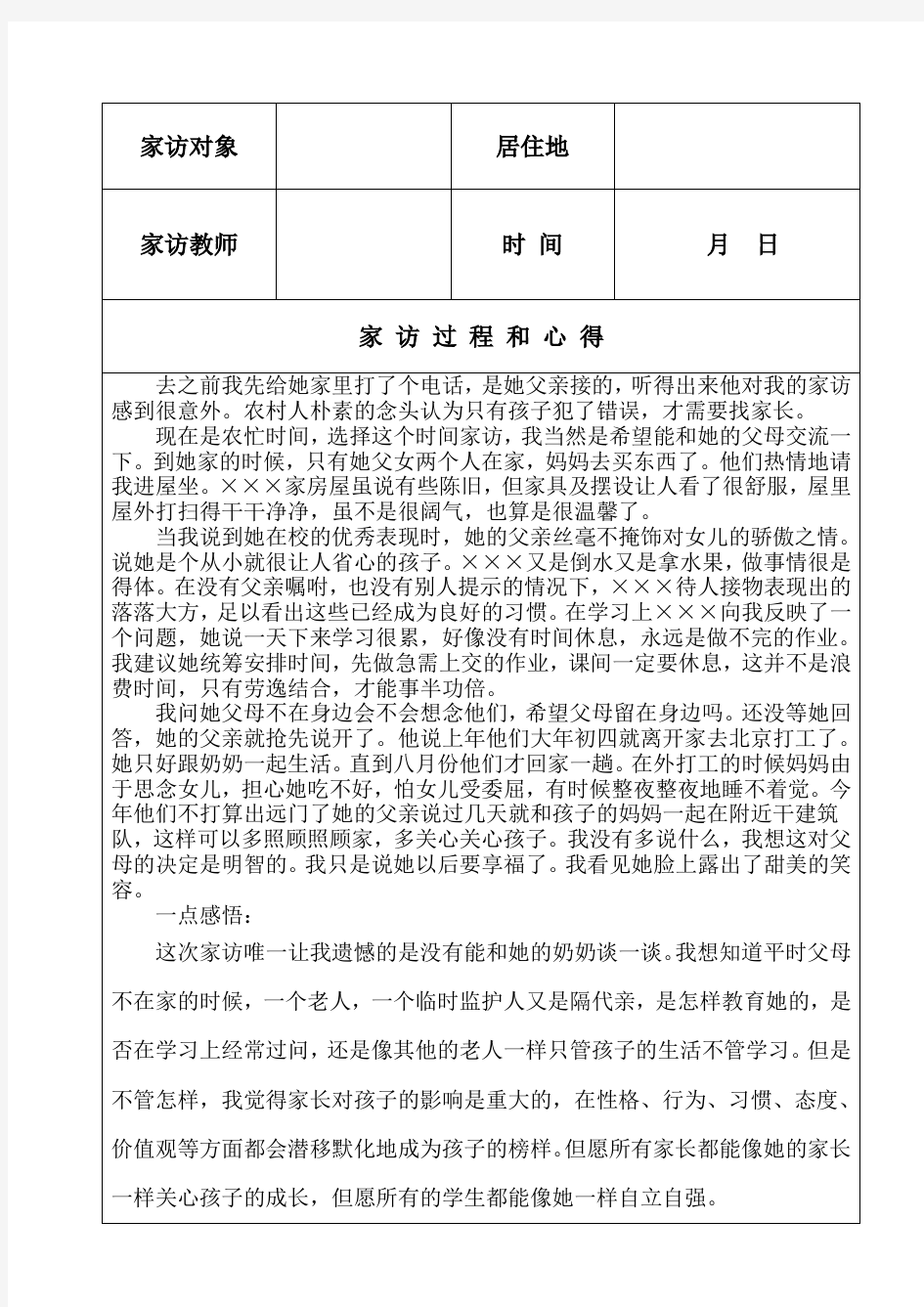 小学教师家访记录内容整理(范文)