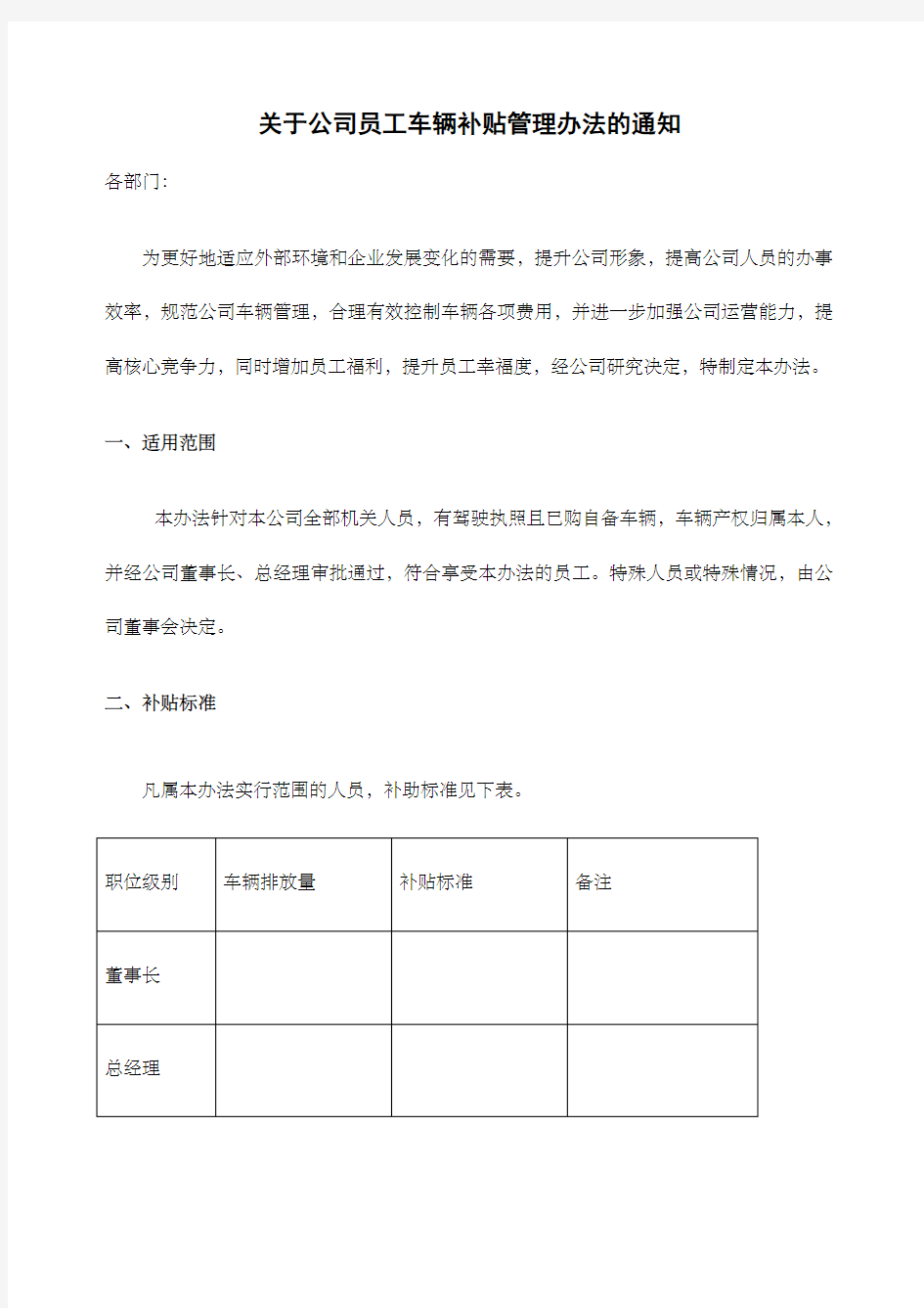 公司员工车辆补贴管理办法