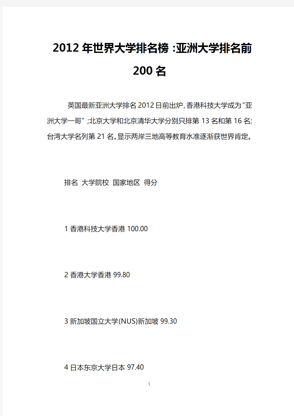 2012年世界大学排名榜：亚洲大学排名前200名